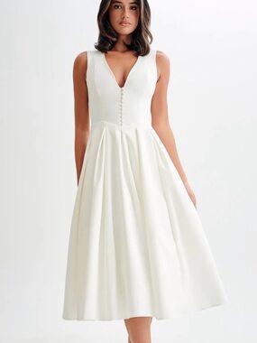 Meshki White V-Neck Pleated Midi Dress